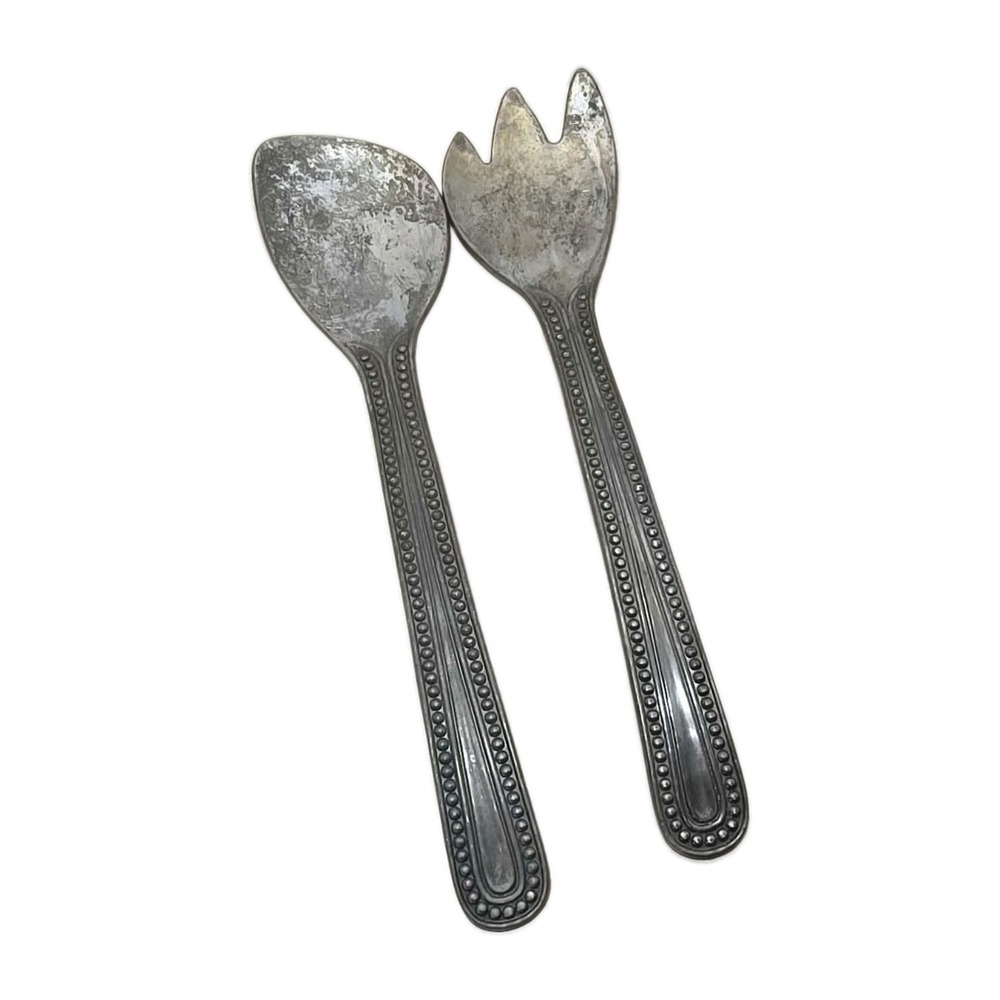 Wilton Armetale Pewter Beaded Salad Serving Spoon Fork Utensil Set 12.5"